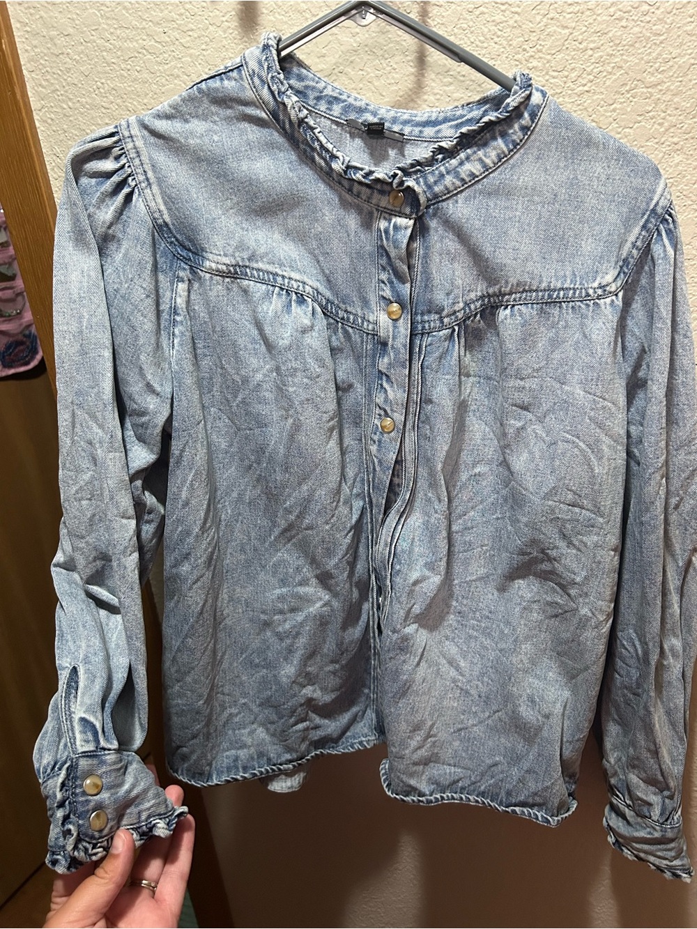 Rails Light Blue Denim Button-Down Blouse with Ruffle Collar